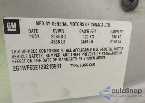 2002 Chevrolet Impala z USA, uszkodzony, nr VIN 2G1WF55E129215981